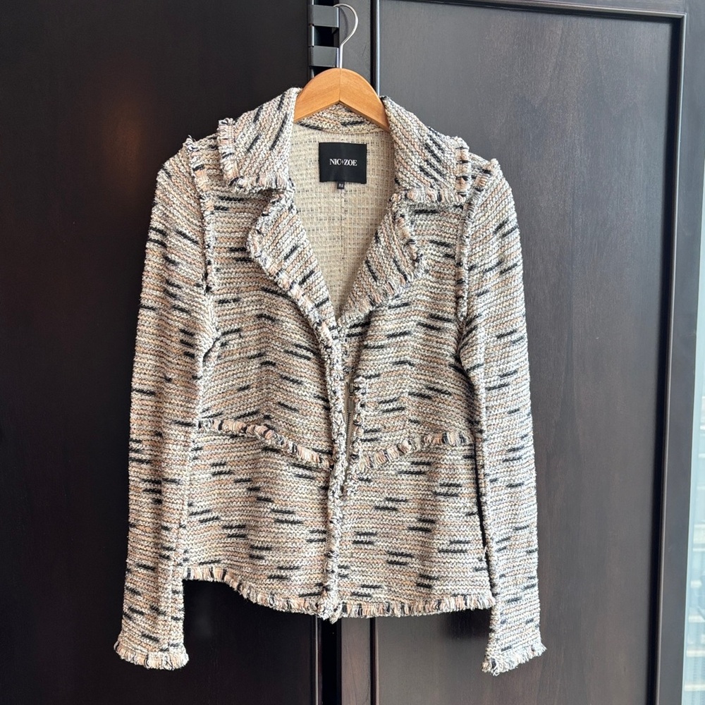 NWOT Nic + Zoe Fringe Chain Trim Knit Moto Blazer. Size M Petite